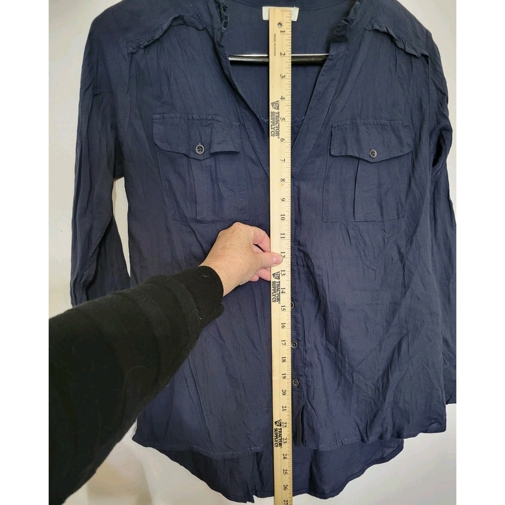 Sundance Navy Blue Button Up Ruffle Blouse Womens PXS Long Sleeve Viscose Top - Picture 3 of 11